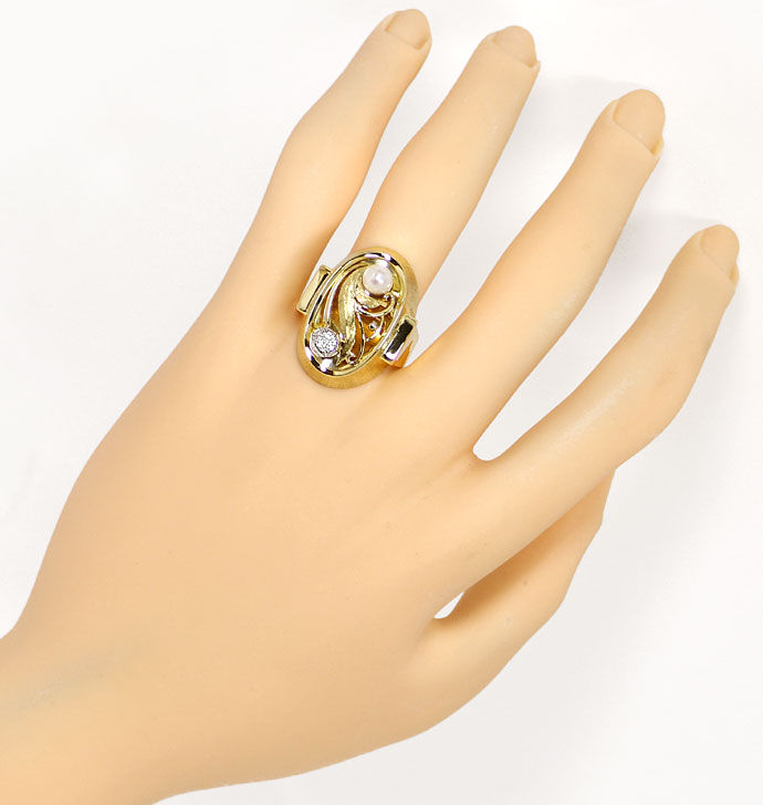 Foto 4 - Handarbeits-Gold-Ring 40er Jahre mit Brillant und Perle, S9500
